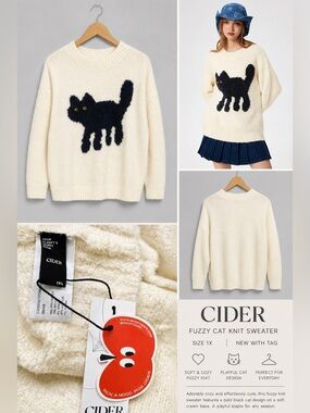 Cider Fuzzy Black Cat Sweater Cream Yellow Eyes Size 1X NWT